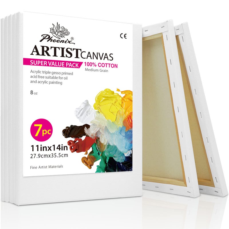 PHOENIX Stretched Canvas for Painting 11x14 Inch/7 Value Pack, 8 Oz Triple Primed 5/8 Inch Profile 100% Cotton White Blank Canvas, Artist Framed Canvas for Oil Acrylic & Pouring Art - Image 1